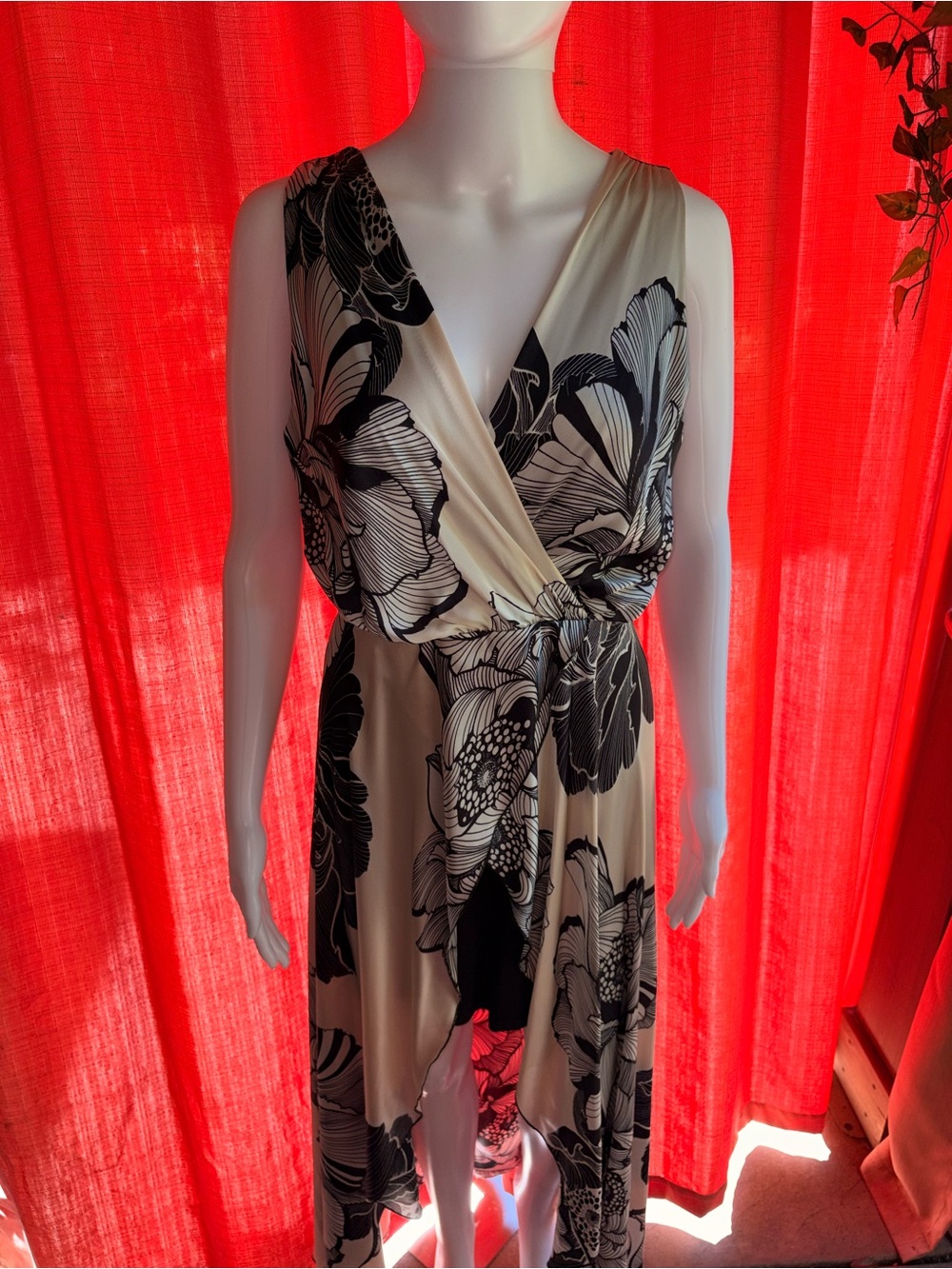Sleeveless Black Floral on Cream High-Low Wrap Dress